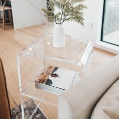 a glass table with a plant in it on top of a wooden floor next to a couch