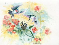 Three beautiful hummingbirds in flight feed on red flowers in a watercolor painting by Melly Terpening Colorful Hummingbird, Party Frame, Work Art, Hummingbirds, Painting Style, Art Collector