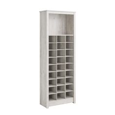 a white bookcase with many compartments on the front and bottom shelves, all in different sizes