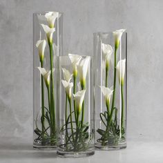 three clear vases with white flowers in them on a gray surface, one is filled with water and the other has green stems