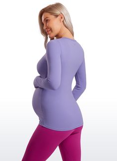 Butterluxe collection features super soft and stretchy high-quality fabric. This Maternity long sleeve offer coverage and support for all stages of pregnancy. Slightly wider belly detail better for your growing bump. Thumbholes for extended coverage and keep warmer. An essential maternity pullover during pregnancy and beyond, offers maximum comfort for everyday wear. Feature & Fitting: Butterluxe collection Design for yoga or daily wear during pregnancy and beyond Slim fit, hip length Slight Fitted Bump Friendly Maternity Tops, Fitted Maternity Tops Bump Friendly, Stretch Long Sleeve Maternity Tops, Fitted Long Sleeve Maternity Tops, Fitted Maternity Tops, Stages Of Pregnancy, Collection Design, Pregnancy Stages, Maternity Wear