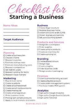 the checklist for starting a business is shown in pink and blue with text that reads,