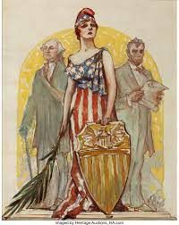 an illustration of a woman holding a shield with two men standing behind her and another man in the background