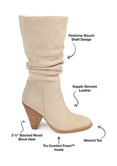 Sultry style defines the Syrinn by Journee Signature. This almond-toe boot features genuine leather uppers with slouchy detailing and an inside zipper at the calf. A 4 mm Tru Comfort Foam insole offers support and comfort, and a cone-shaped stacked heel elevates the look. | Journee Collection Women's Syrinn Boots, Sand, 12M Sultry Style, Almond Toe Boots, Journee Collection, Stacked Heel, Boot Shoes Women, A 4, Riding Boots, Leather Upper, Almond