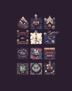 an image of pixel art with different items in the style of video game characters on black background