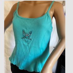 Bhag's Women's Embellished Top Osfa Butterfly New W/Tags Blue Embellished Sleeveless Top, Fitted Embellished Tops For Beach, Fitted Turquoise Tops For Spring, Casual Embellished Tank Top For Spring, Fitted Turquoise Tops For Summer, Turquoise Fitted Tank Top For Summer, Fitted Turquoise Tank Top For Summer, Embellished Fitted Casual Tank Top, Casual Embellished Fitted Tank Top