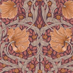 an intricately designed wallpaper with orange flowers and leaves on it's sides