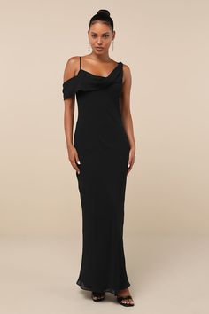 Black Asymmetrical Maxi Dress - Cowl Neck Dress - Black Gown - Lulus Pre-draped Maxi Dress For Prom Evening, Asymmetrical Pre-draped Evening Dress For Gala, Pre-draped One Shoulder Maxi Dress For Party, Pre-draped Chiffon Gala Dresses, Pre-draped Chiffon Maxi Dress For Gala, Evening Pre-draped Asymmetrical Floor-length Dress, Elegant Evening Asymmetrical Floor-length Dress, Evening Draped Chiffon Maxi Dress, Pre-draped Asymmetrical Formal Dress Floor-length