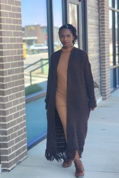 Knit Maxi Fringe Hem Cardigan | Brown - Noir Envy Boutique Chic Long Sweater Coat For Loungewear, Chic Long Cardigan For Loungewear, Chic Long Loungewear Cardigan, Relaxed Fit Open Front Sweater For Layering, Chic Long Soft Knit Cardigan, Chic Long Soft Knit Sweater, Chic Long Sweater For Fall, Everyday Cozy Long Outerwear, Cozy Long Outerwear For Layering