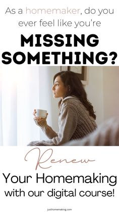 a woman holding a coffee cup with the words missing something?