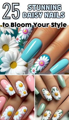 Daisy Acrylic Nails, Simple Spring Nails, Chic Nail Art, Spring Acrylic Nails, Floral Nail Designs, Nude Nail Designs, White Petals, Blue Acrylic Nails, Cute Spring Nails