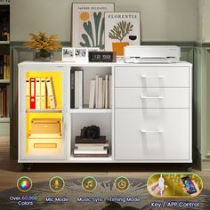 a white cabinet with books and other items on top of it, next to a book shelf