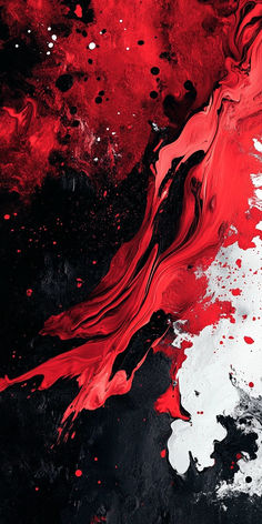 an abstract painting with red and white colors on black paper that looks like paint splatters