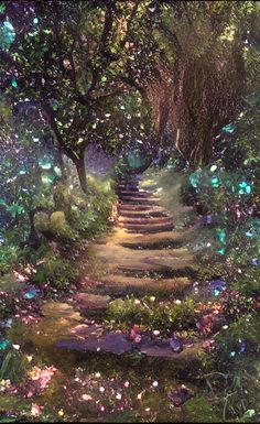 a painting of steps leading up to a forest filled with flowers and butterflies on the ground