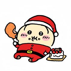 an image of a cartoon character holding a doughnut and wearing a santa claus hat