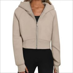 Zip - up Thumb Hole Hooded Sweatshirt - S / Khaki - Hoodies Fall Gym Hooded Sweatshirt, Winter Gym Hooded Jacket With Ribbed Cuffs, Winter Hooded Jacket With Ribbed Cuffs For Gym, Sporty Fall Sweatshirt With Zipper Closure, Cozy Fit Hooded Hoodie In Athleisure Style, Cozy Fit Hooded Hoodie For Athleisure, Athleisure Hoodie With Zipper Closure For Gym, Fall Athleisure Hooded Jacket With Ribbed Cuffs, Fall Gym Hoodie