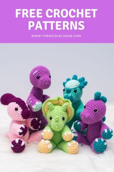 several crocheted stuffed animals sitting next to each other with the text free crochet patterns