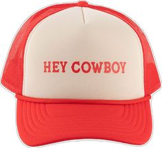 Gigi Pip trucker hats for women - Hey Cowboy Foam Trucker Hat - 100% polyester foam + mesh trucker hat with a curved brim featuring the words "hey cowboy" in a contrasting color as a design across the front panel [cream-vintage red] Cowgirl Summer, Coastal Vibes, Summer Staples, Hot Days, Perfect Summer, Trucker Hat, Tap, Vintage Inspired, Cowboy