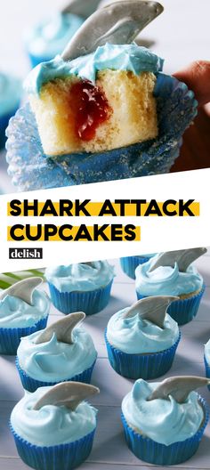 a close up of cupcakes with blue frosting and a person holding a knife