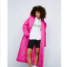 *New W/ Tags* Statement Piece. Beautiful Hot Pink Color, With A Sheen. Warm, Quilted, Puffer-Like Material. Pockets And Tie-Belt Detailing. Ingenue Style, Festival Coats, Puffer Coats, Long Puffer, Fantasy Wardrobe, Maxi Coat, Puffer Jacket Women, Fall Inspo, Winter Vibes