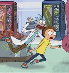 the rick and mort cartoon is running in front of some vending machines with their mouths open