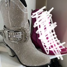 Size 9, Runs Small, Worn Once, Bling, Buckle, Cowgirl Boots Glitter Dress Shoes, Bling Boots, Rhinestone Ballet Flats, Heart Platforms, Dolls Kill Shoes, Ellie Shoes, Boot Bling, Pink Platforms, Gogo Boots