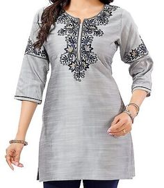 Great Shopping Kurtis for Women Silk Blend Grey Indian Kurti Tunic Kurta Shirt Dress RJ203GR, Women's Dresses Elegant Embroidered Fitted Tunic, Elegant Fitted Tunic For Festive Occasions, Elegant Short Sleeve Kurta For Festive Occasions, Casual Fitted Tunic For Festive Season, Casual Fitted Festive Tunic, Fitted V-neck Elegant Tunic, Kurta Shirt, Kurtis For Women, Indian Kurti