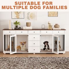 two dogs sitting in their kennels with the words, suitable for multiple dog families