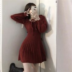 2023 Sweet Knitted Dress Women Autumn Winter Elegant Dress Female Red French Style Party Dress Korean Party Dress, Japanese Style Dress, Red Knit Dress, Varsity Jacket Women, Academia Clothes, Red Christmas Dress, Floral Swimwear, Defined Waist, Christmas Outfits Women