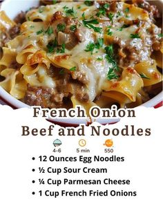 the menu for french onion beef and noodles is shown in this advert