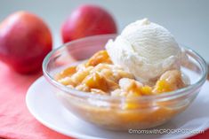 an apple crisp with ice cream in a bowl