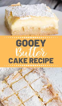 gooey butter cake recipe on a plate with the words gooey butter cake in front