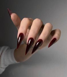 Blood red nails, vampire nails, cheery red, dark red nails, boss lady, trendy nails ideas 2024 Dark Coquette Nails, Vampy Nails, Blood Nails, Red Stiletto Nails, Stiletto Shaped Nails, Dark Red Nails, Pointy Nails, Punk Nails