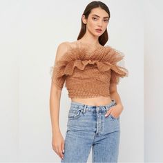 Show Stopping Perfect Going Out Top! Pair With Jeans Or Leather Leggings! Brown Zara Top For Party, Zara Brown Party Tops, Chic Brown Party Top, Brown Evening Top For Spring, Ruffled Crop Top, Knot Crop Top, Black Crop Tee, Turtle Neck Crop Top, Organza Top