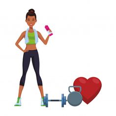 a woman is holding a dumbble while standing next to a heart and exercise equipment