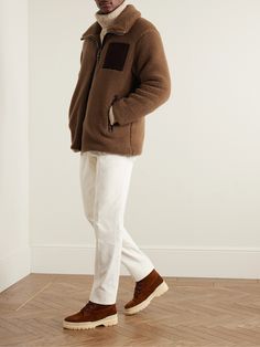 Inspired by the vast landscape of Mongolia, Loro Piana's 'Tavan' jacket has been crafted in Italy from 'Cashfur', an innovative fleece made from the finest cashmere and silk fibres. It's panelled with dark-brown suede, cut for comfortable layering and designed to provide maximum warmth. Loro Piana Jacket, Vast Landscape, Tshirt Design Men, Mens Winter, Brown Suede Jacket, Cool Outfits For Men, Silk Jacket, Winter Fits, Jacket For Men