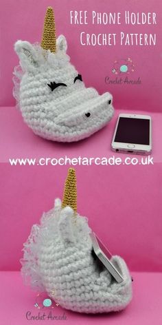 the crocheted unicorn purse has a gold horn on it's head and is next to a tablet