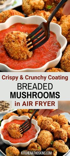 crispy and crunchy coating breaded mushrooms in air fryer with text overlay