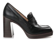 Vintage vibes define the Ezzey loafers by Journee Collection. This vegan leather loafer is detailed with a strap accent and a square toe for a super chic look. A block heel lined with a padded footbed elevates this slip-on silhouette. Luxe Vegan Leather upper, Slip-on entry, Approx. 3 1/2\ stacked block heel, Square toe, Padded insole, Man-made outsole | Women's Journee Collection Ezzey Block Heel Platform Loafers in Black Size 8.5 Wide Business Blazer Outfits For Women, Shoe Wishlist, Loafer Shoes Women, Platform Block Heels, Shoe Inspiration, Platform Loafers, Aesthetic Shoes, Shoe Carnival, Journee Collection