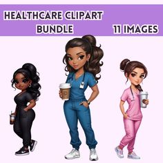 three female doctors are standing next to each other with coffee cups in their hands and the text, healthcare clipart bundle 11 images