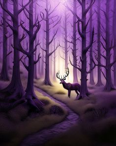 a painting of a deer standing in the middle of a forest with purple hues