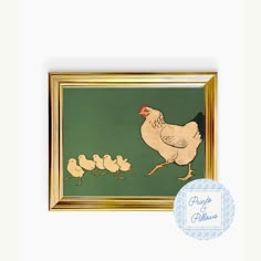 an image of a chicken and her chicks in a frame with a blue circle around it