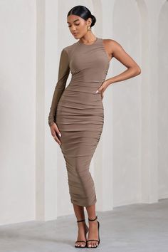 Elevate your wardrobe with our latest midi dress Luciene. This design comes in our signature stretch jersey with a mesh overlay and full body ruching - crafted to make you look and feel your best. Pair this one-sleeved staple with a pair of strappy heels for the ultimate going-out look. Features- Premium stretch jersey and mesh - Fully ruched- Bodycon fit- Sheer sleeve - Invisible zip closure- Split hemline- Midi length Sizing & FitModel is 5'8 and wears UK size 8 / US size 4 Product informationDesigned exclusively by Club L LondonDouble layered with some stretch Premium jersey and mesh in Mocha (95% Polyester, 5% Elastane)140cm total lengthSKU: CL128837038 Black Dress Prom, Party Dress Long Sleeve, Bodycon Midi Dress, Black Sequin Dress, Black Velvet Dress, Mesh Overlay, Invisible Zip, Bodycon Midi, Party Dress Long