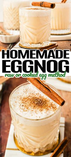 homemade eggnog in a glass bowl with cinnamon sticks