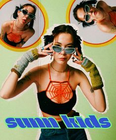 an advertisement for sunn kids featuring a woman wearing sunglasses and holding her hands up to her face