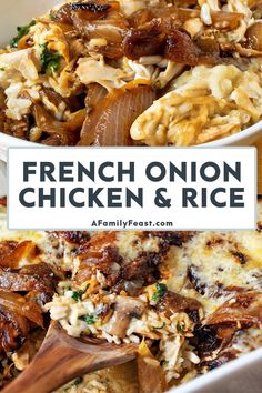 french onion chicken and rice in a white casserole dish