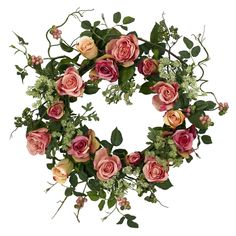 a wreath with pink roses and greenery is shown in front of a white background