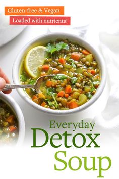 This Detox Soup recipe is made with anti-inflammatory ingredients, like ginger & turmeric, which may help boost digestion and reduce bloating. It's so comforting, I want to eat it almost every day! #dairyfree #vegan #plantbased Iron Soup Recipes, Low Residue Soup Recipes, Detoxing Recipes, Detox Soup Recipes, Red Lentil Soup Recipe, Soup Cleanse, Vegan Detox, Reflux Diet