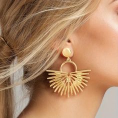 Brand New Women's Large Hanging Gold Fan Earrings Genuine 14k Gold Plated Sterling Silver 1.9" Tall 1.6" Across Retail Price $295 Buy With Confidence From A Trusted Seller With A 99%+ Feedback Rating! A0190 (Id-1617) Yellow Gold Plated Party Earrings, Party Yellow Pierced Jewelry, Elegant Yellow Metal Earrings, Elegant Yellow Hoop Earrings For Party, Yellow Chandelier Earrings, Real Gold Hoop Earrings, Dressy Earrings, Black Heart Earrings, Silver Circle Earrings