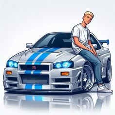 a man sitting on the hood of a silver sports car with blue and white stripes